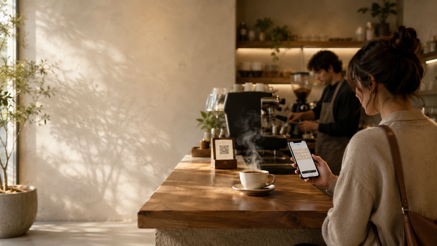 Cafe customer using Kawhe loyalty at the counter
